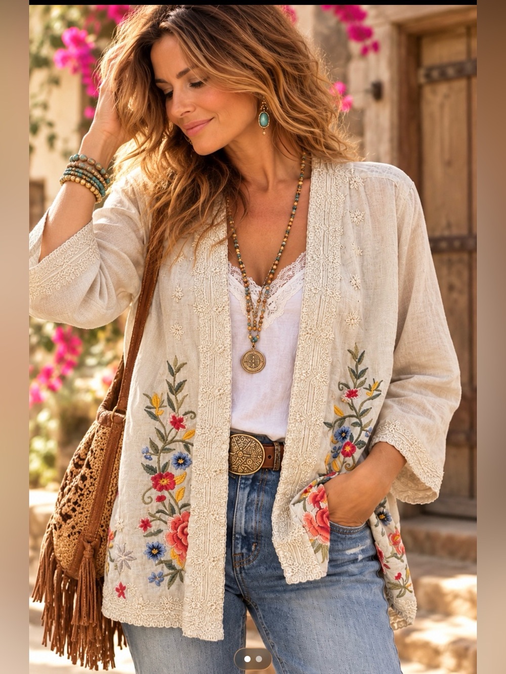 Johnny Was Los Angeles Linen Floral Embroidered Kimono Cardigan L